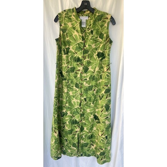 SAG HARBOR Long Tropical Floral Dress Green Linen Blend Multicolor Size Medium - Picture 1 of 5